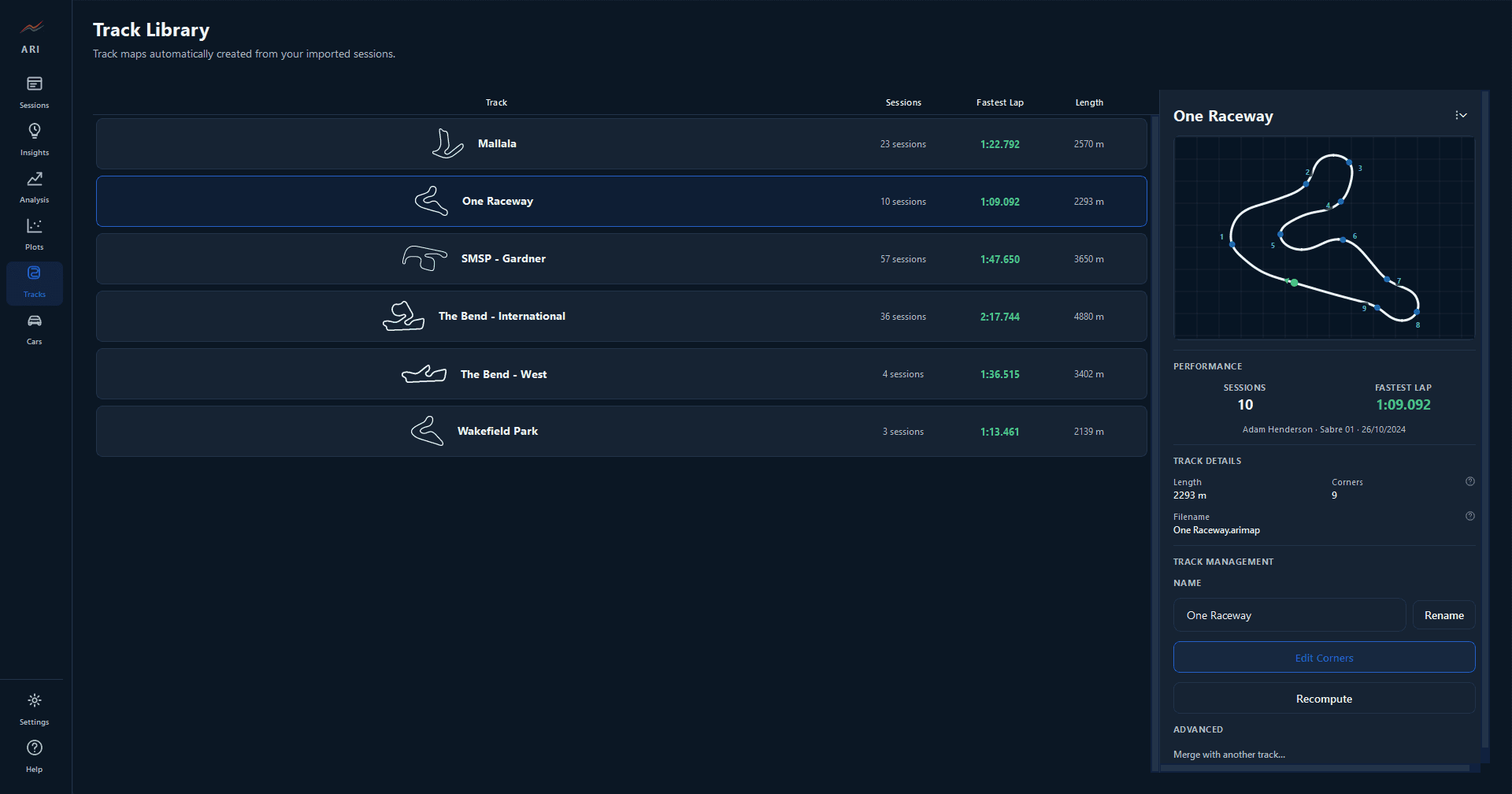ARI track library showing every track the app has built a map for